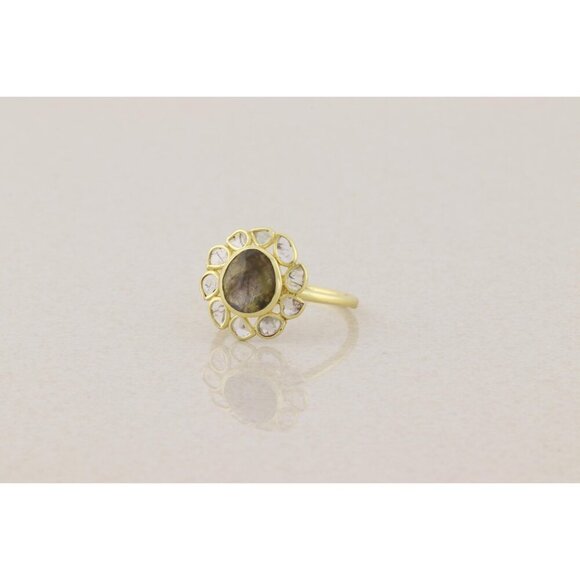 Gold Over Sterling Silver Natural Labradorite Polki Diamond Slice Ring Size 9.5 - Picture 5 of 7